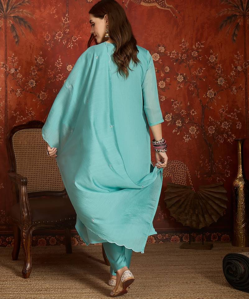 Sea green mul chanderi partywear readymade suit