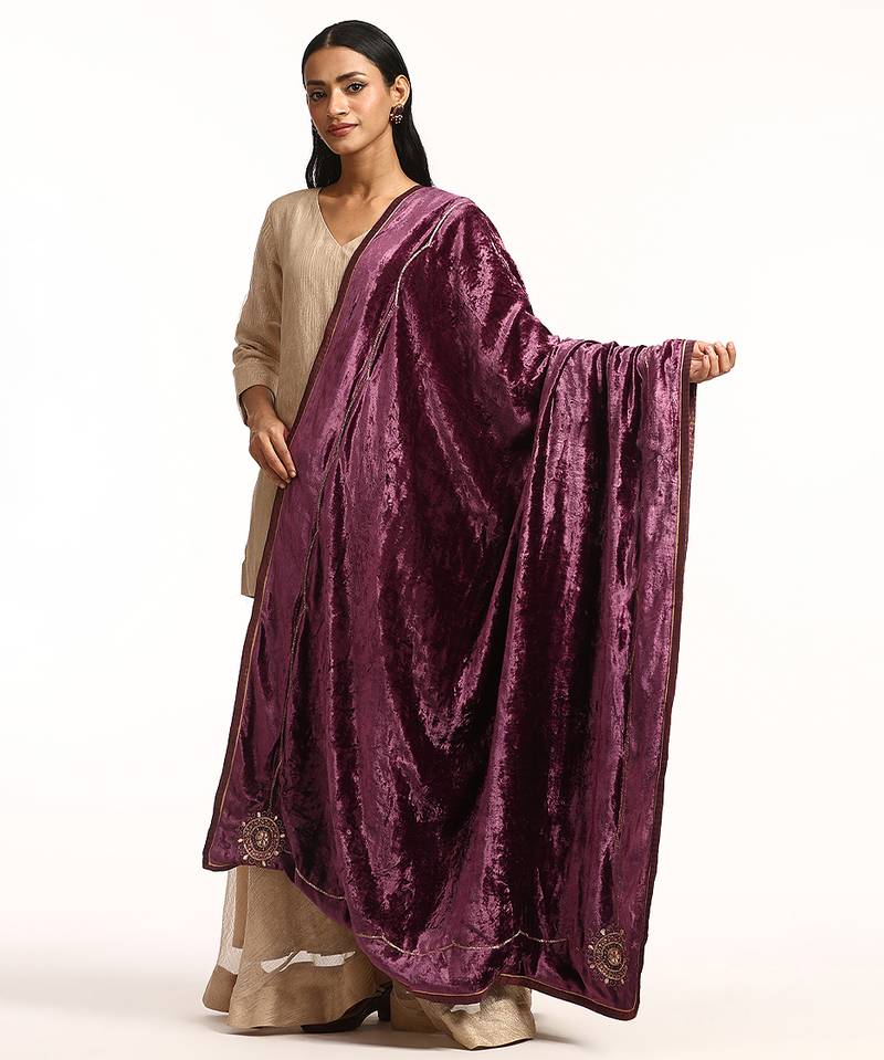 Magenta pink hand embroidered velvet doshala