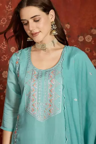 Sea green mul chanderi partywear readymade suit