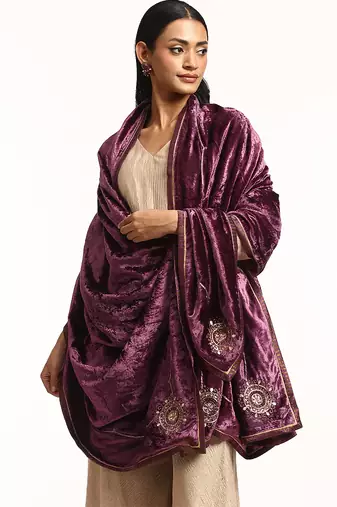 Magenta pink hand embroidered velvet doshala