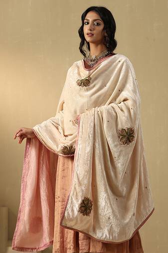 Off white hand embroidered zardozi velvet doshala