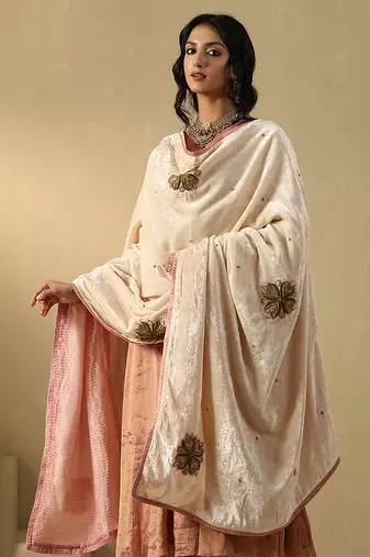 Off white hand embroidered zardozi velvet doshala