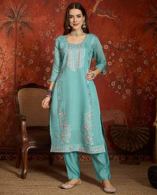 Sea green mul chanderi partywear readymade suit 4