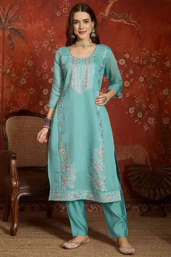 Sea green mul chanderi partywear readymade suit