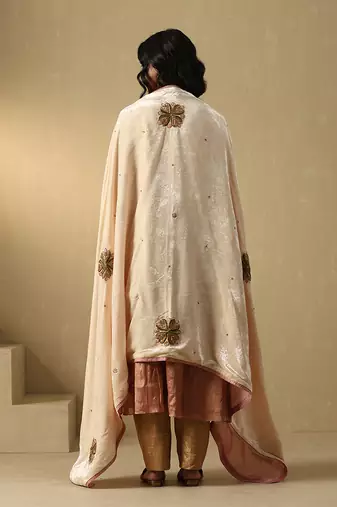 Off white hand embroidered zardozi velvet doshala