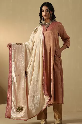 Off white hand embroidered zardozi velvet doshala