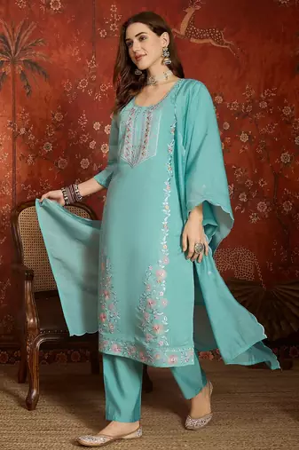 Sea green mul chanderi partywear readymade suit