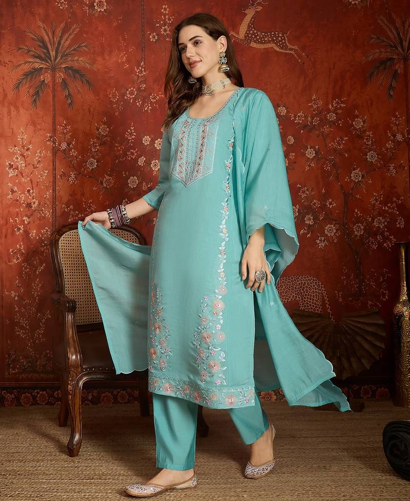 Sea green mul chanderi partywear readymade suit