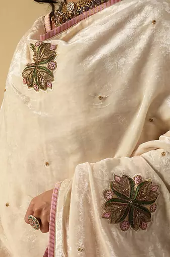 Off white hand embroidered zardozi velvet doshala