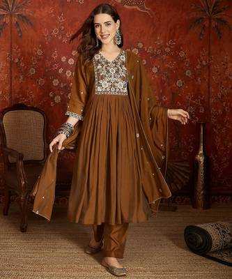 Brown color mul chanderi fabric beautiful partywear readymade suit 1