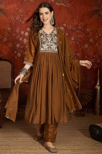 Brown color mul chanderi fabric beautiful partywear readymade suit
