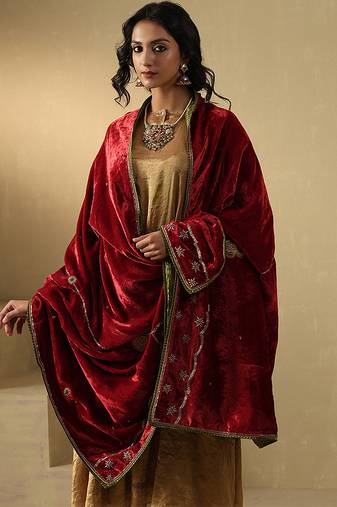 Crimson red hand embroidered velvet doshala