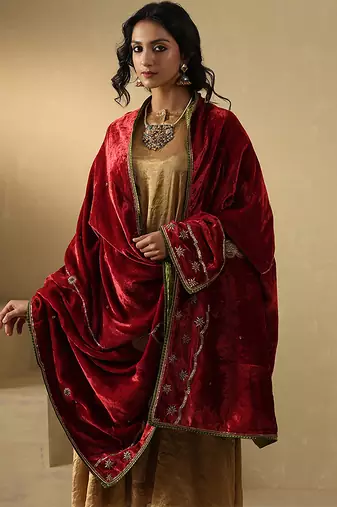 Crimson red hand embroidered velvet doshala