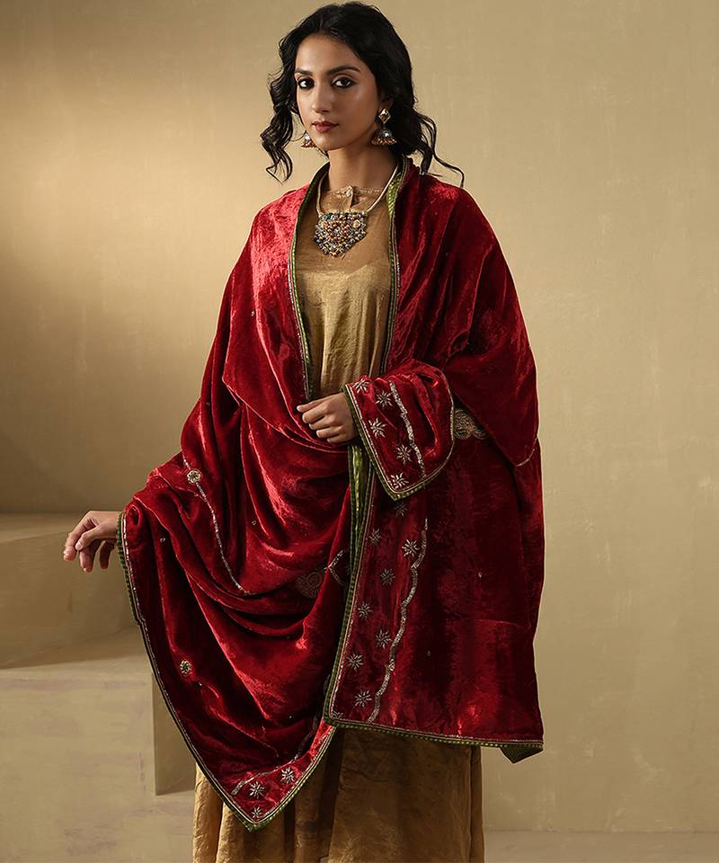 Crimson red hand embroidered velvet doshala