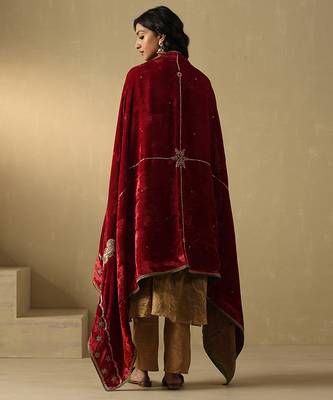 Crimson red hand embroidered velvet doshala 2