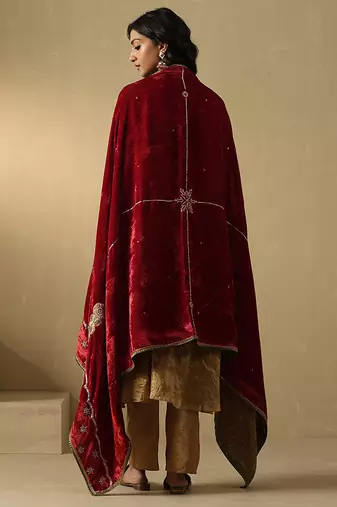 Crimson red hand embroidered velvet doshala
