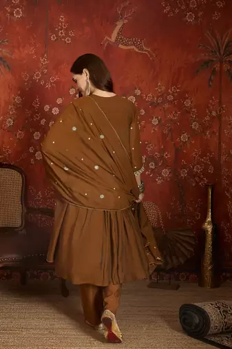 Brown color mul chanderi fabric beautiful partywear readymade suit