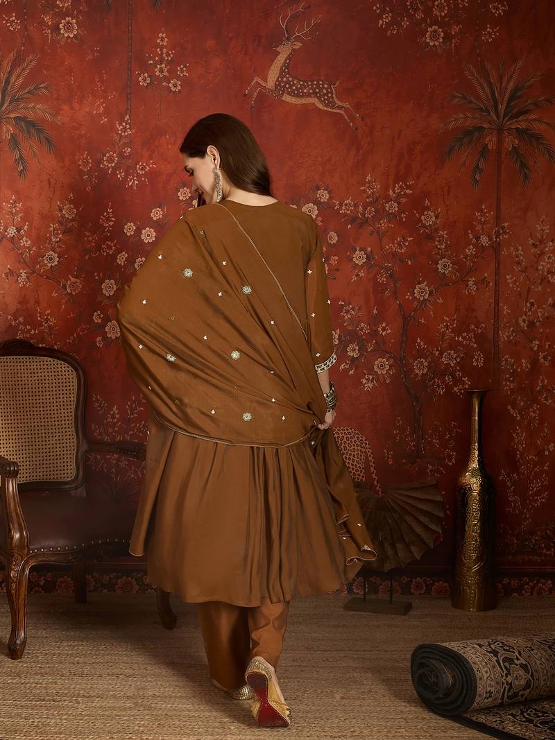 Brown color mul chanderi fabric beautiful partywear readymade suit