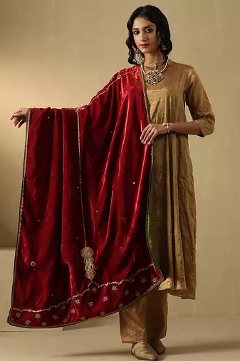 Crimson red hand embroidered velvet doshala