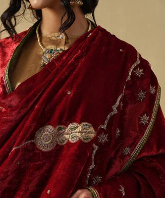 Crimson red hand embroidered velvet doshala 4