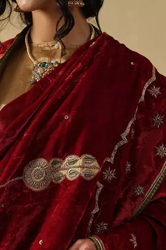 Crimson red hand embroidered velvet doshala