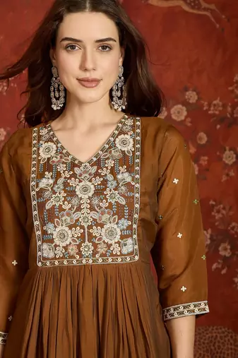 Brown color mul chanderi fabric beautiful partywear readymade suit