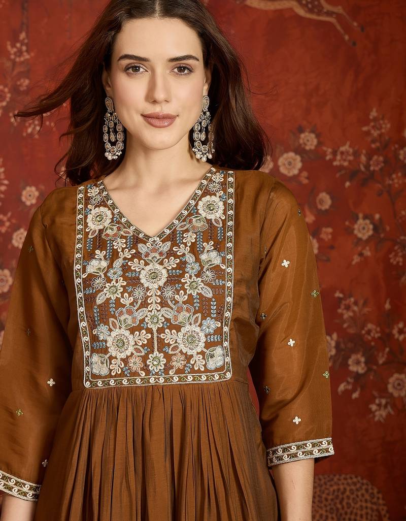 Brown color mul chanderi fabric beautiful partywear readymade suit