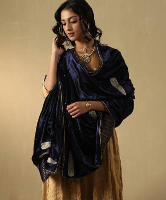 Navy blue hand embroidered velvet doshala 2