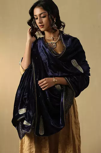 Navy blue hand embroidered velvet doshala