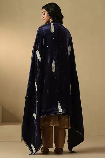 Navy blue hand embroidered velvet doshala