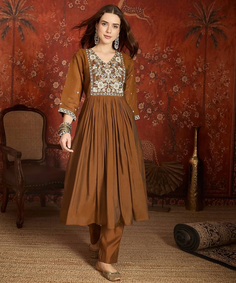Brown color mul chanderi fabric beautiful partywear readymade suit
