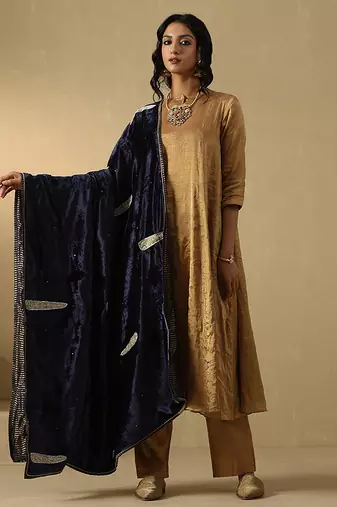 Navy blue hand embroidered velvet doshala