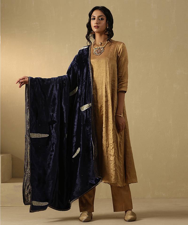 Navy blue hand embroidered velvet doshala