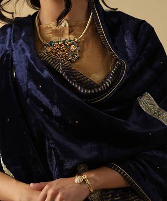 Navy blue hand embroidered velvet doshala 4