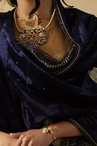 Navy blue hand embroidered velvet doshala