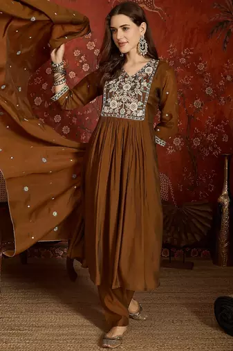 Brown color mul chanderi fabric beautiful partywear readymade suit