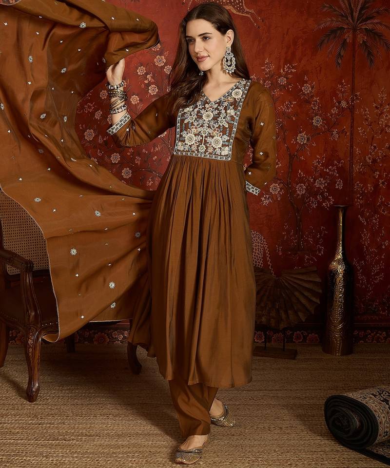 Brown color mul chanderi fabric beautiful partywear readymade suit
