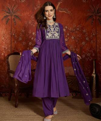 Purple mul chanderi partywear readymade suit 1