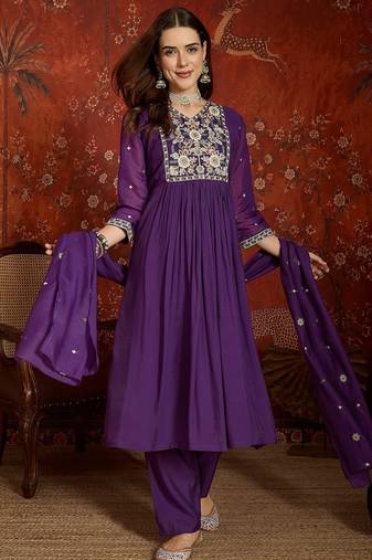 Purple mul chanderi partywear readymade suit