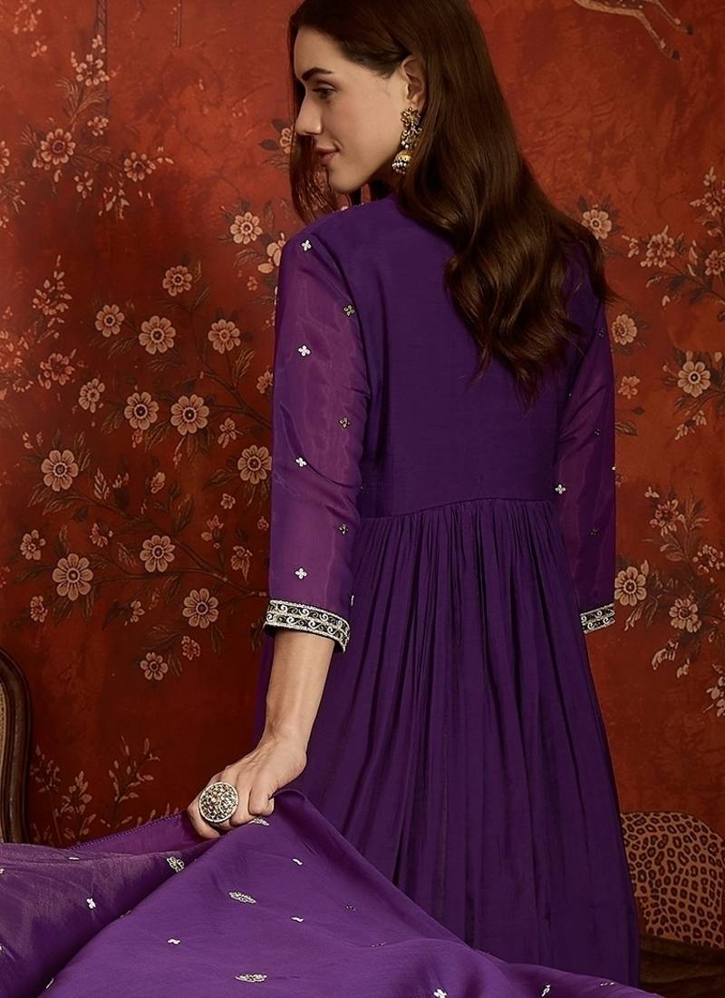 Purple mul chanderi partywear readymade suit