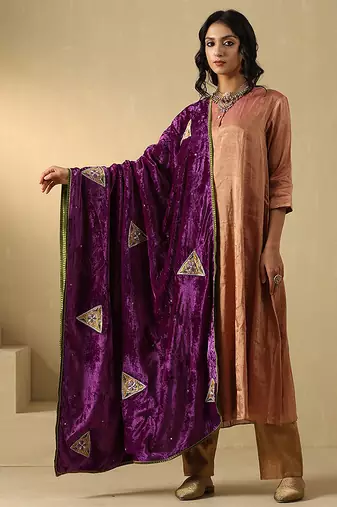 Mauve purple hand embroidered velvet doshala