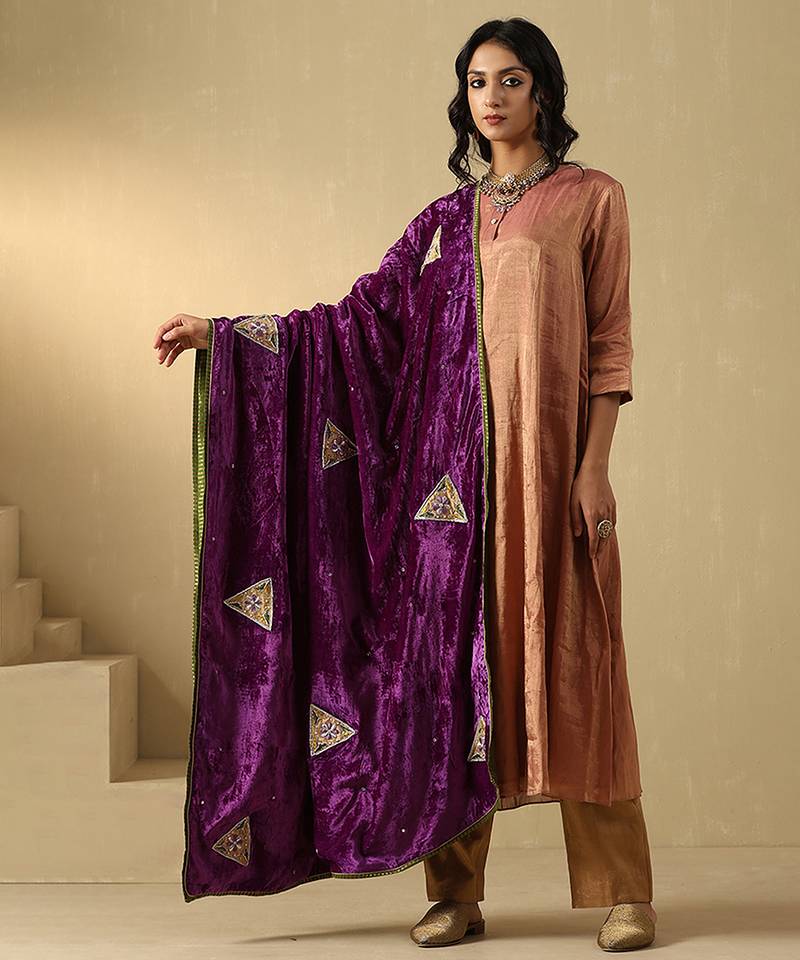 Mauve purple hand embroidered velvet doshala