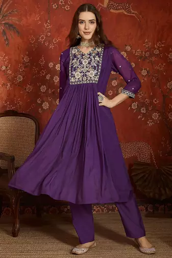 Purple mul chanderi partywear readymade suit