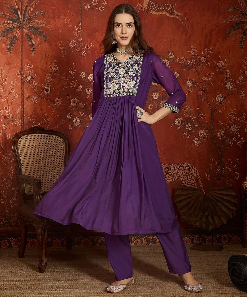 Purple mul chanderi partywear readymade suit