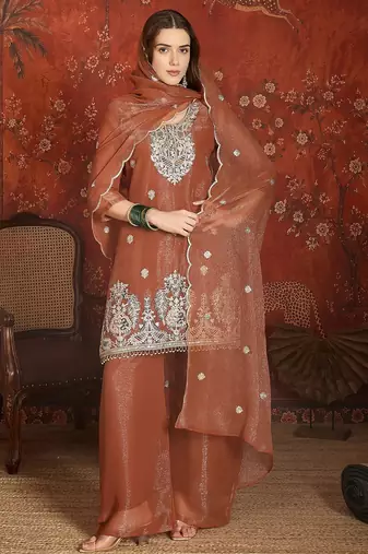 Coffee color simmer lining jari fabric beautiful partywear readymade suit
