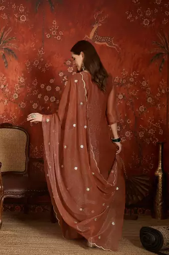 Coffee color simmer lining jari fabric beautiful partywear readymade suit