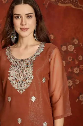 Coffee color simmer lining jari fabric beautiful partywear readymade suit
