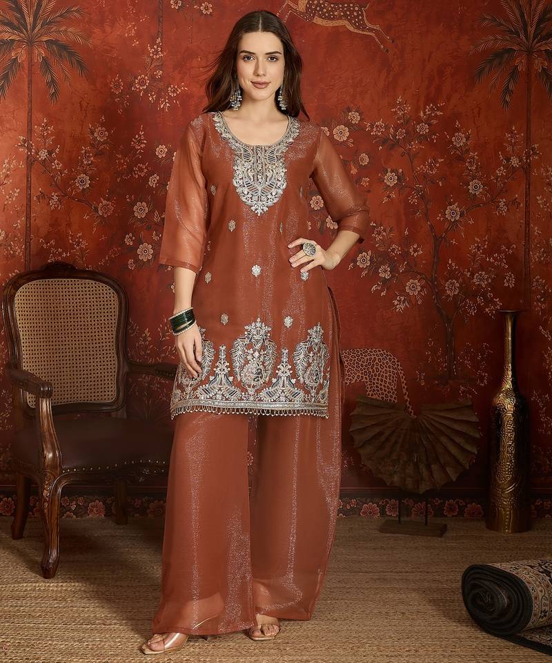 Coffee simmer lining jari partywear readymade suit