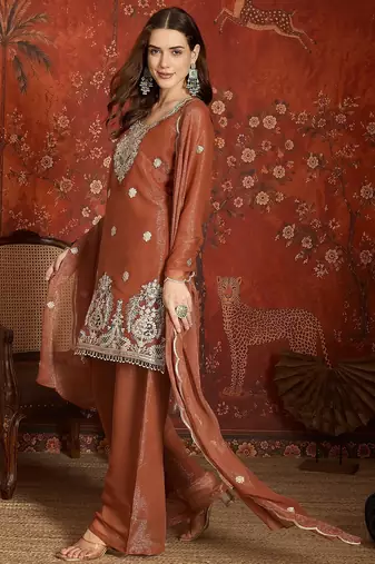 Coffee color simmer lining jari fabric beautiful partywear readymade suit