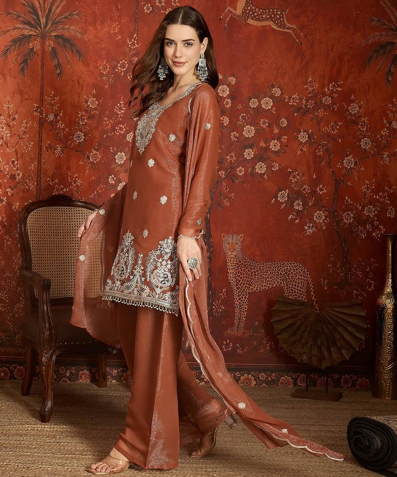 Coffee simmer lining jari partywear readymade suit